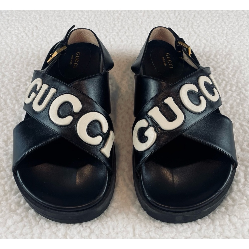 GUCCI • Black Ornella Logo Appliqué Crossover Leather Slingback Sandals, 8.5 - Picture 11 of 16